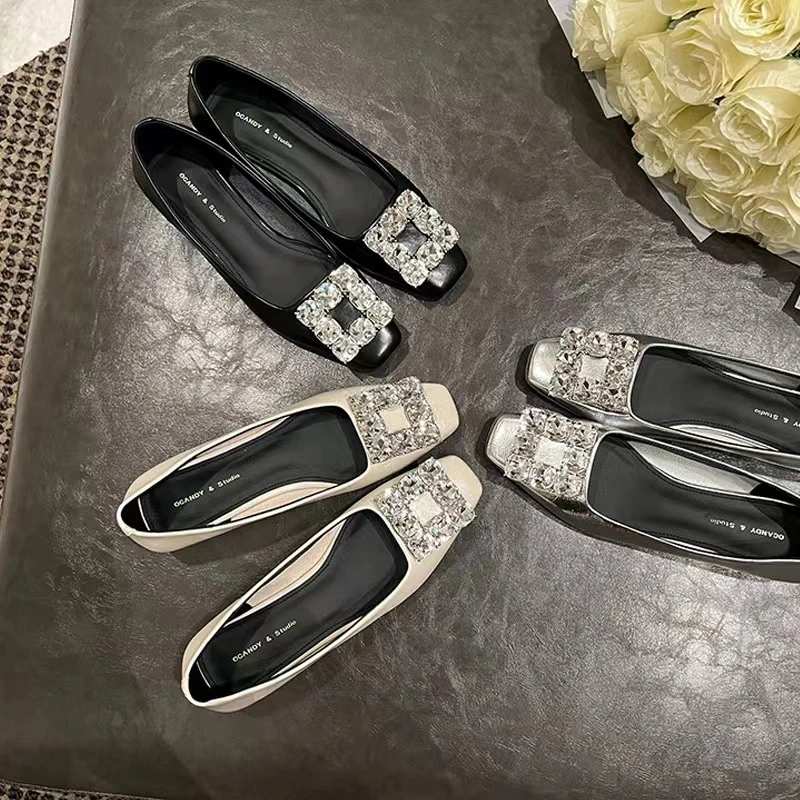 财阀千金~法式水钻方头单鞋女2023秋季新款一脚蹬浅口低跟通勤