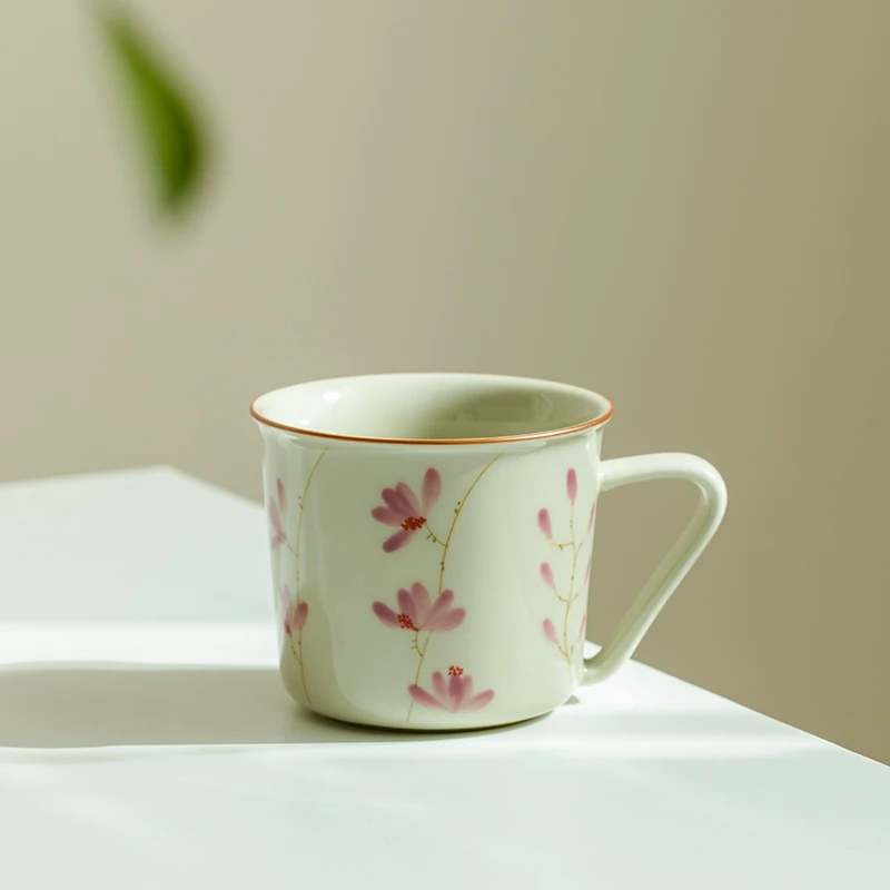 德白草木灰纯手绘桃花耳把杯陶瓷小茶杯单个家用待客主人杯喝水杯