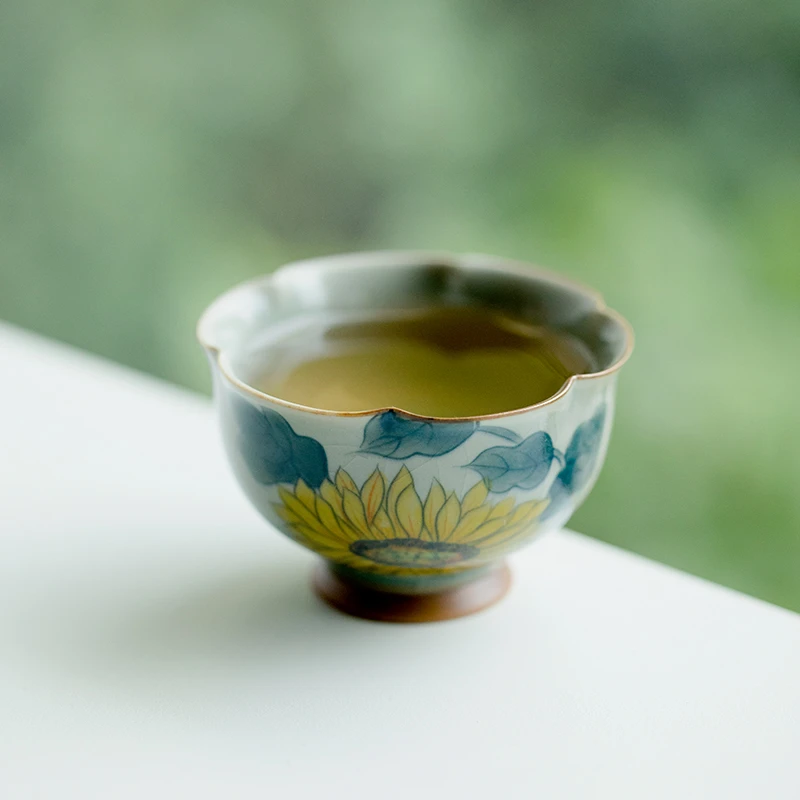 冰片釉纯手绘向日葵高足花瓣杯主人杯单个陶瓷茶杯家用复古品茗杯