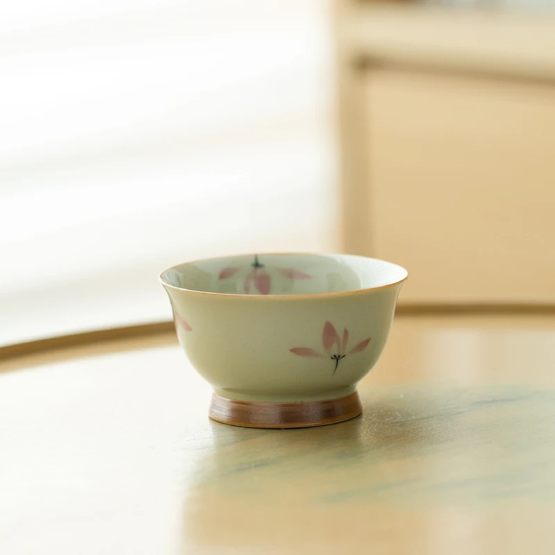 德白草木灰纯手绘粉兰花高足反口杯主人杯小清新茶杯陶瓷男女专用