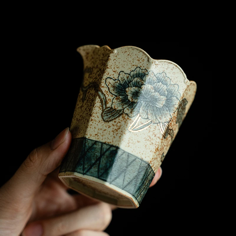 德白青花火石红陶瓷公道杯创意描金纯手绘牡丹花手抓公杯茶海匀杯