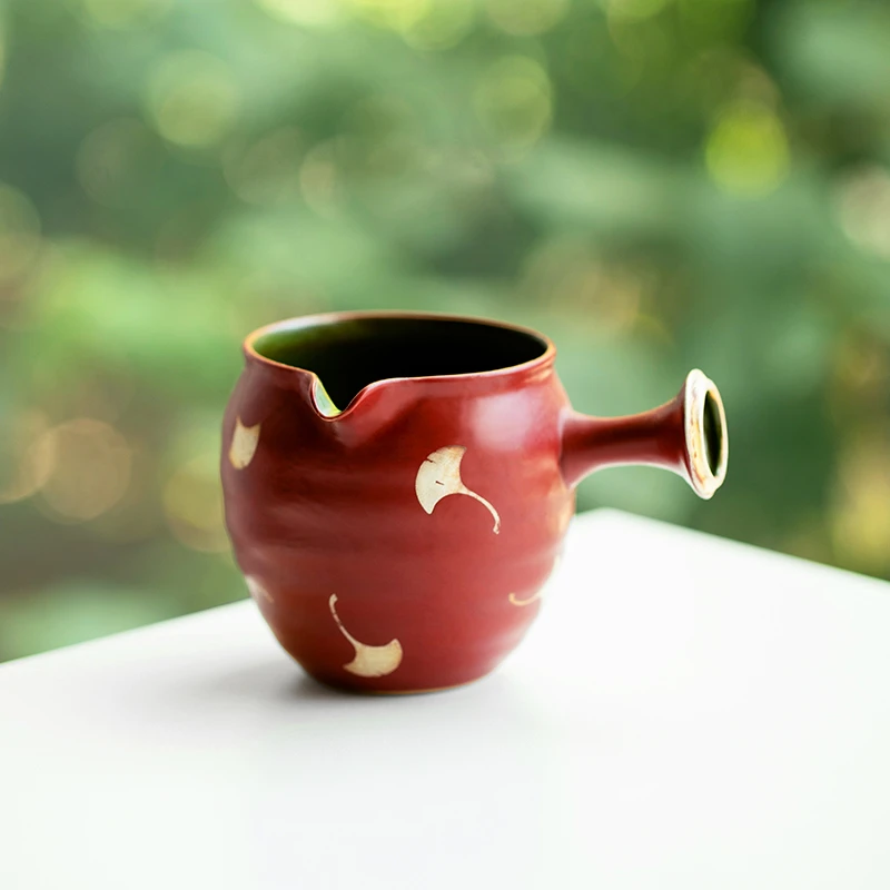 德白粉引胭脂红银杏叶描银侧把公道杯陶瓷茶海家用分茶器功夫茶具