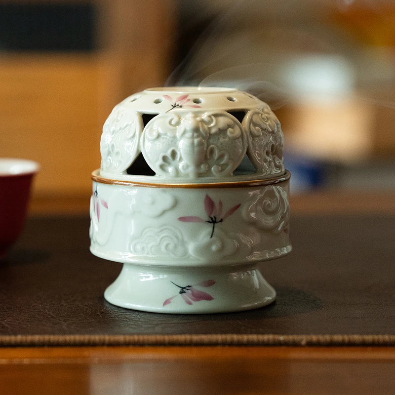 德白草木灰纯手绘粉兰花五福祥云香炉陶瓷香炉沉香檀香家用盘香炉