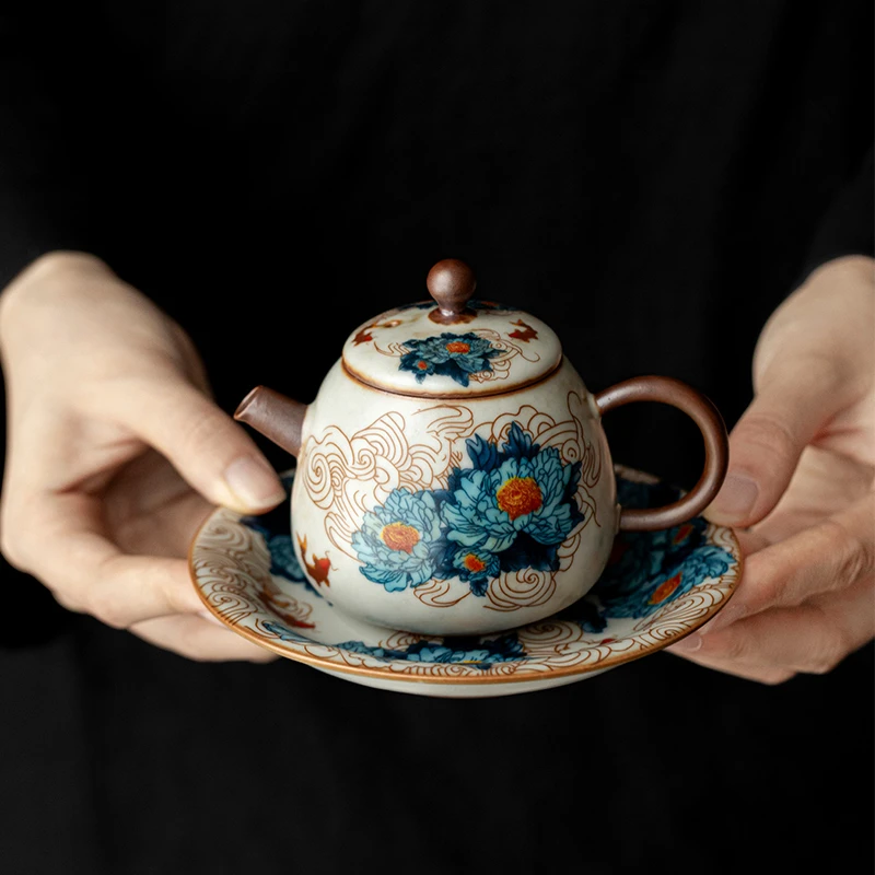 汝窑开片金万花陶瓷茶壶高档轻奢泡茶壶个人专用壶开片可养泡茶器