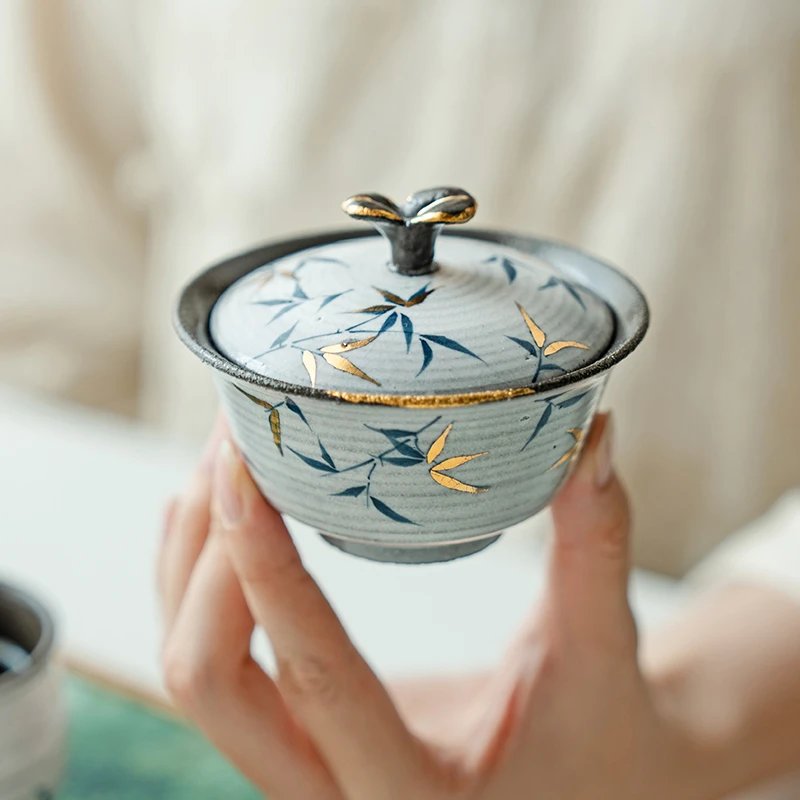 德白老岩泥粉引手绘竹叶盖碗茶杯陶瓷单个不烫手泡茶功夫茶具家用