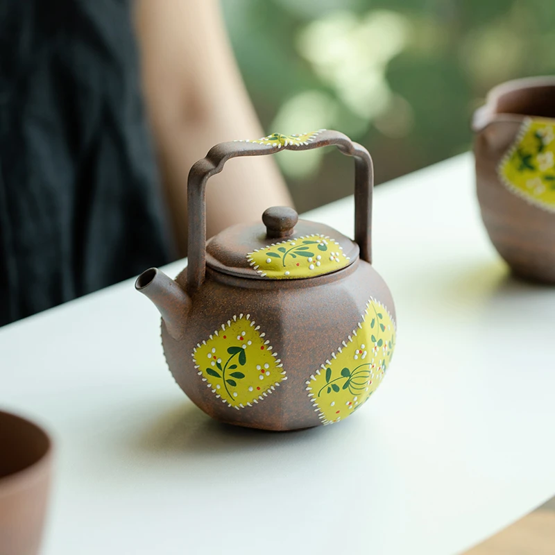 清仓纯手绘雏菊老岩泥苏子八方提梁壶茶壶过滤单壶家用冲泡茶陶壶