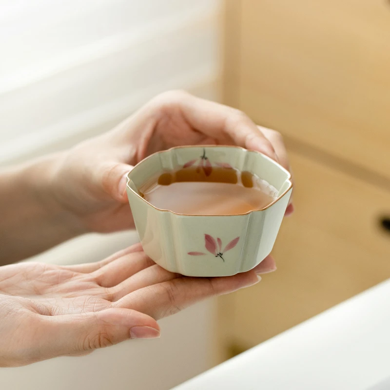 德白纯手绘粉兰花六瓣花口杯主人杯家用陶瓷品茗杯茶杯单杯专用杯