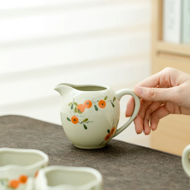 德白草木灰纯手绘柿子耳把公道杯陶瓷单个防烫茶海办公家用分茶器