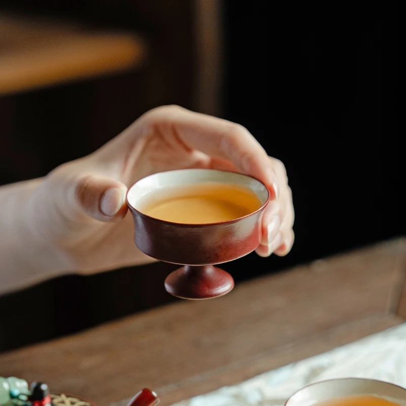 德白原矿釉朱砂红高足茶杯侘寂风高颜值主人杯品茗杯陶瓷功夫茶具