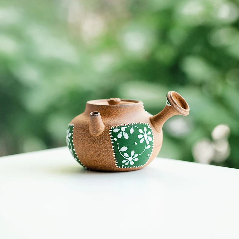 德白老岩泥手绘小碎花补丁侧把壶复古粗陶泡茶壶大容量单壶带过滤