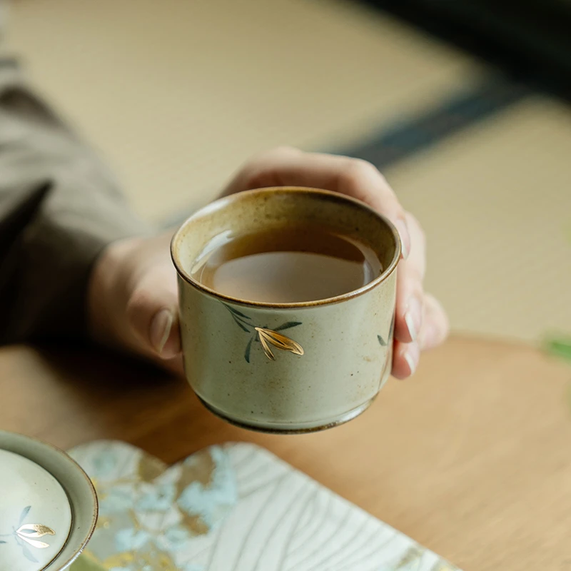 德白仿古描金纯手绘蝴蝶兰花主人杯大容量茶杯功夫茶具女士品茗杯