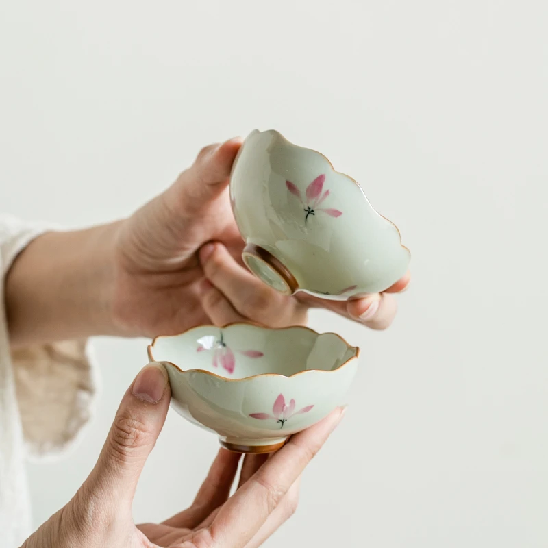釉下彩手绘粉兰花莲花杯主人杯陶瓷茶杯个人专用大号品茗杯普洱杯