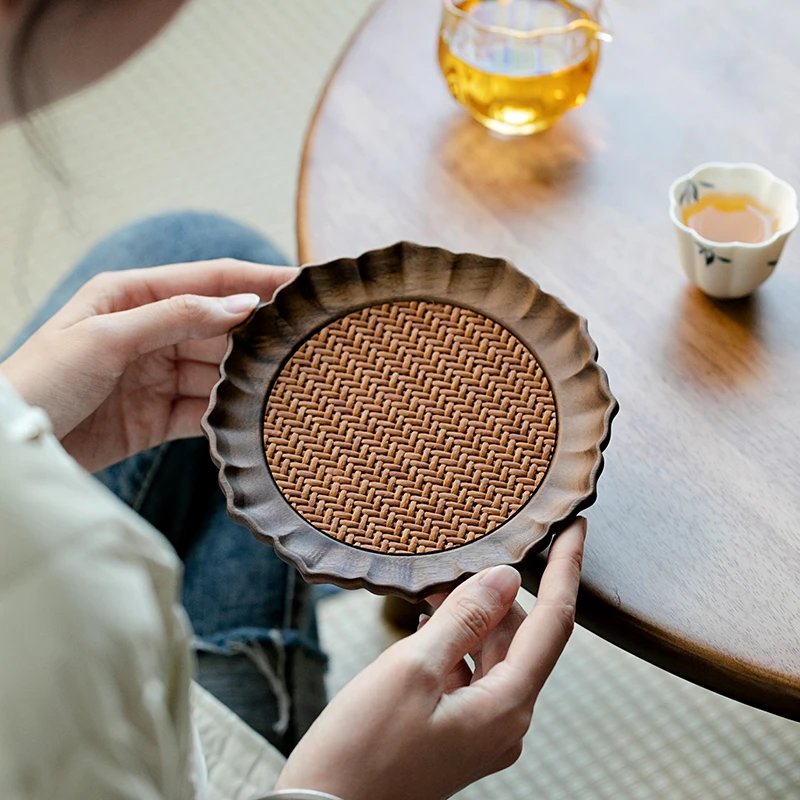 北美胡桃木藤编莲韵壶承藤编干泡台壶垫紫砂养壶储水茶壶底座壶托