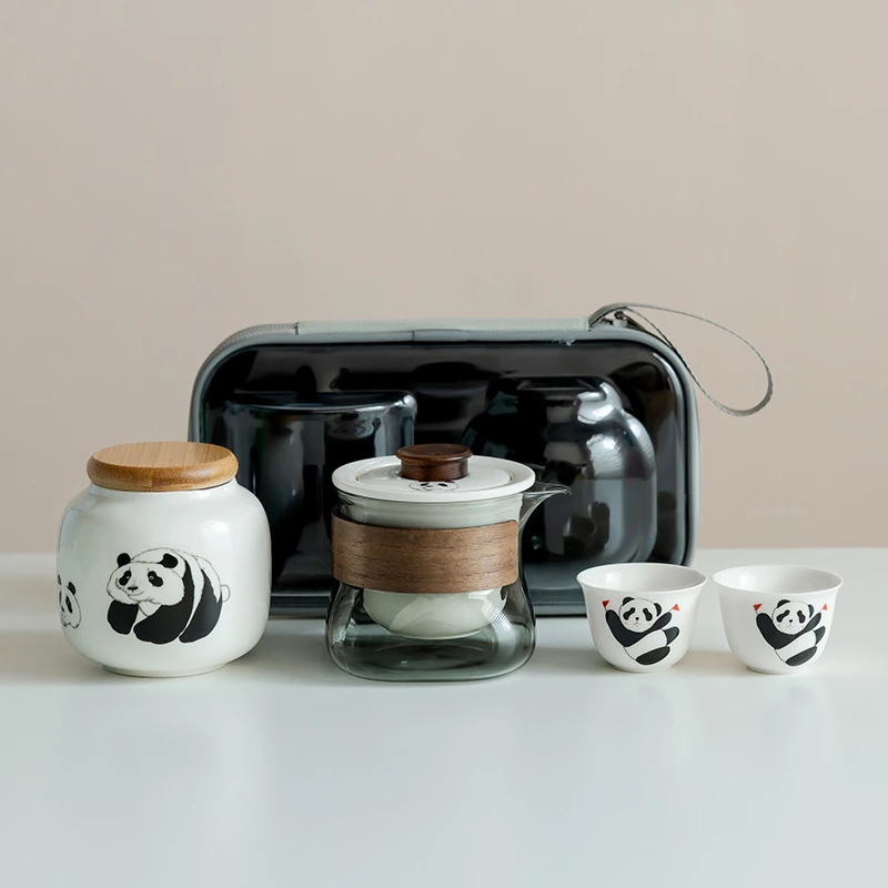 停产福利贴绘熊猫旅行茶具随身便携式一壶二杯带茶叶罐泡茶器