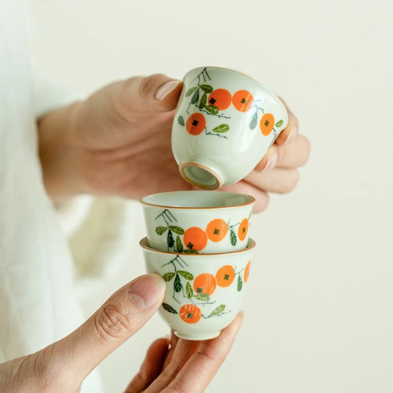 德白草木灰纯手绘柿子茶杯陶瓷主人杯单杯个人专用喝茶品茗杯茶盏