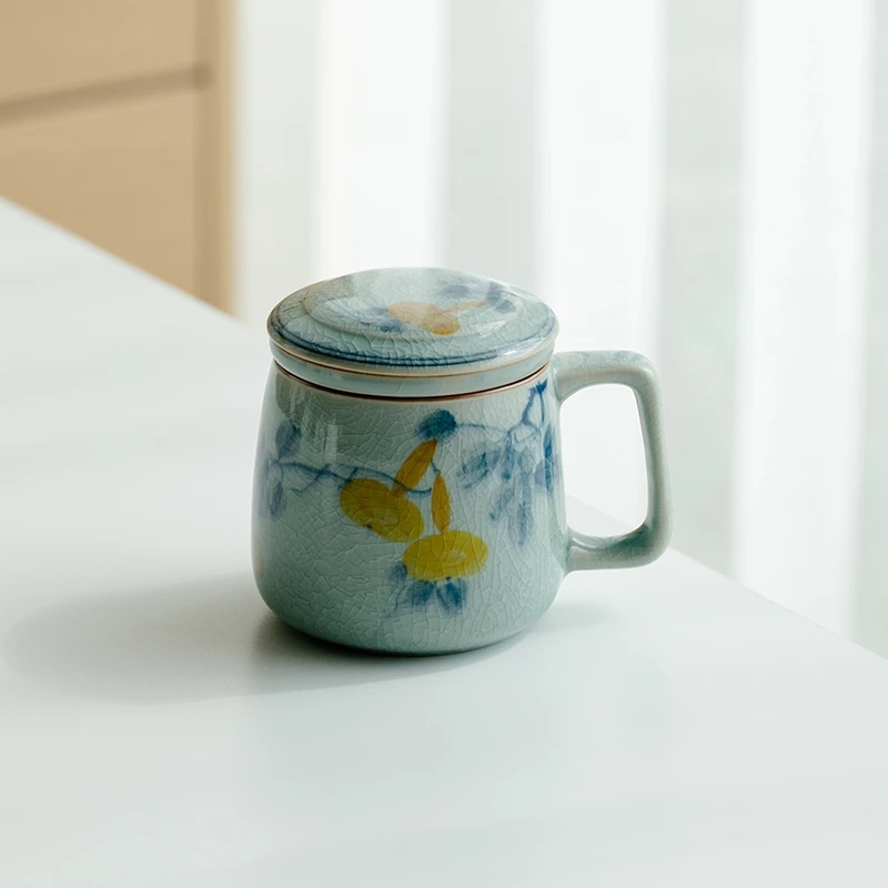 德白冰片釉纯手绘葫芦泡茶杯家用办公室茶水分离水杯带盖带把杯子