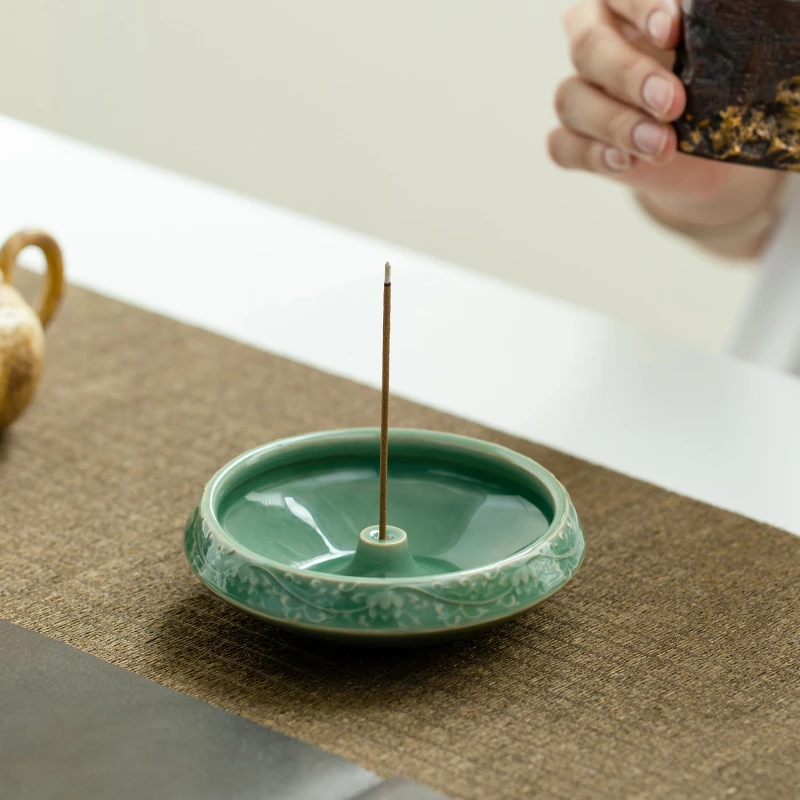 德白越窑青瓷缠枝莲香插座家用室内茶室香托香插摆件功夫茶道配件