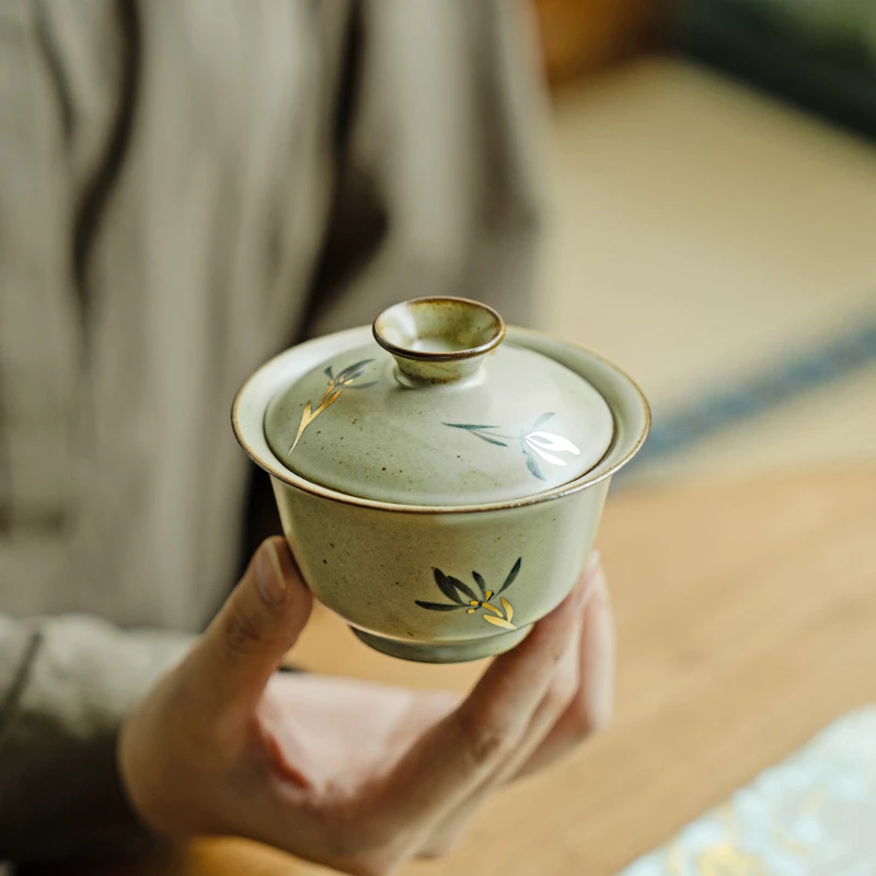 德白仿古描金手绘蝴蝶兰花盖碗茶杯陶瓷带盖茶碗家用单个高档茶具