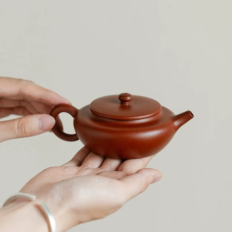 宜兴原矿朱泥紫砂扁晨壶半手工高端泡茶壶小单壶一人用明针工艺