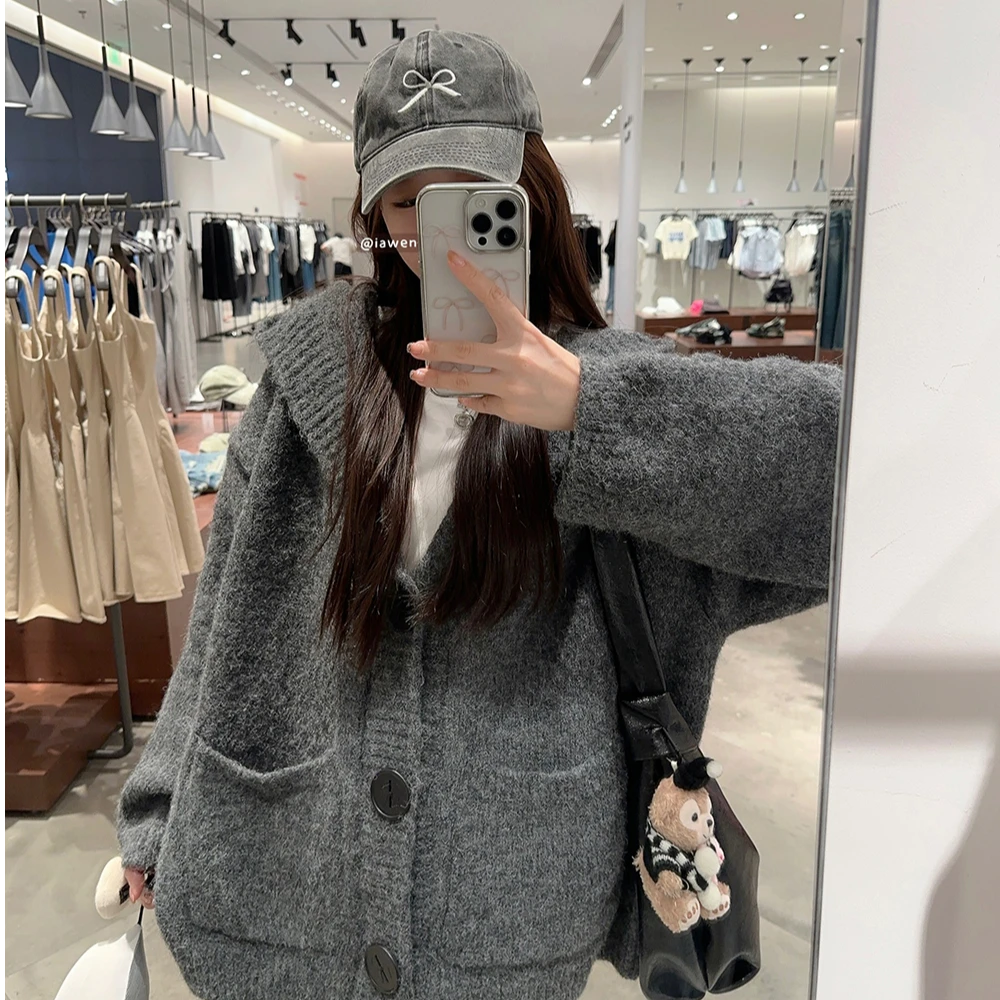 F慵懒风灰色高级感连帽针织衫女宽松显瘦毛衣开衫外套上衣休闲