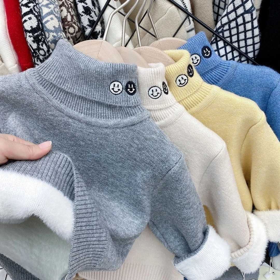 冬天加厚一体绒高领衫儿童毛衣男女童圆领针织衫2024新款秋冬加绒