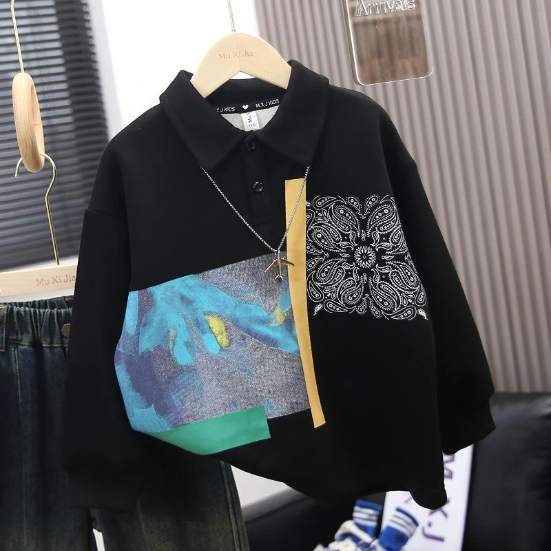 男童冬装炸街卫衣加绒加厚秋冬款2024新款大儿童冬季一体绒上衣潮