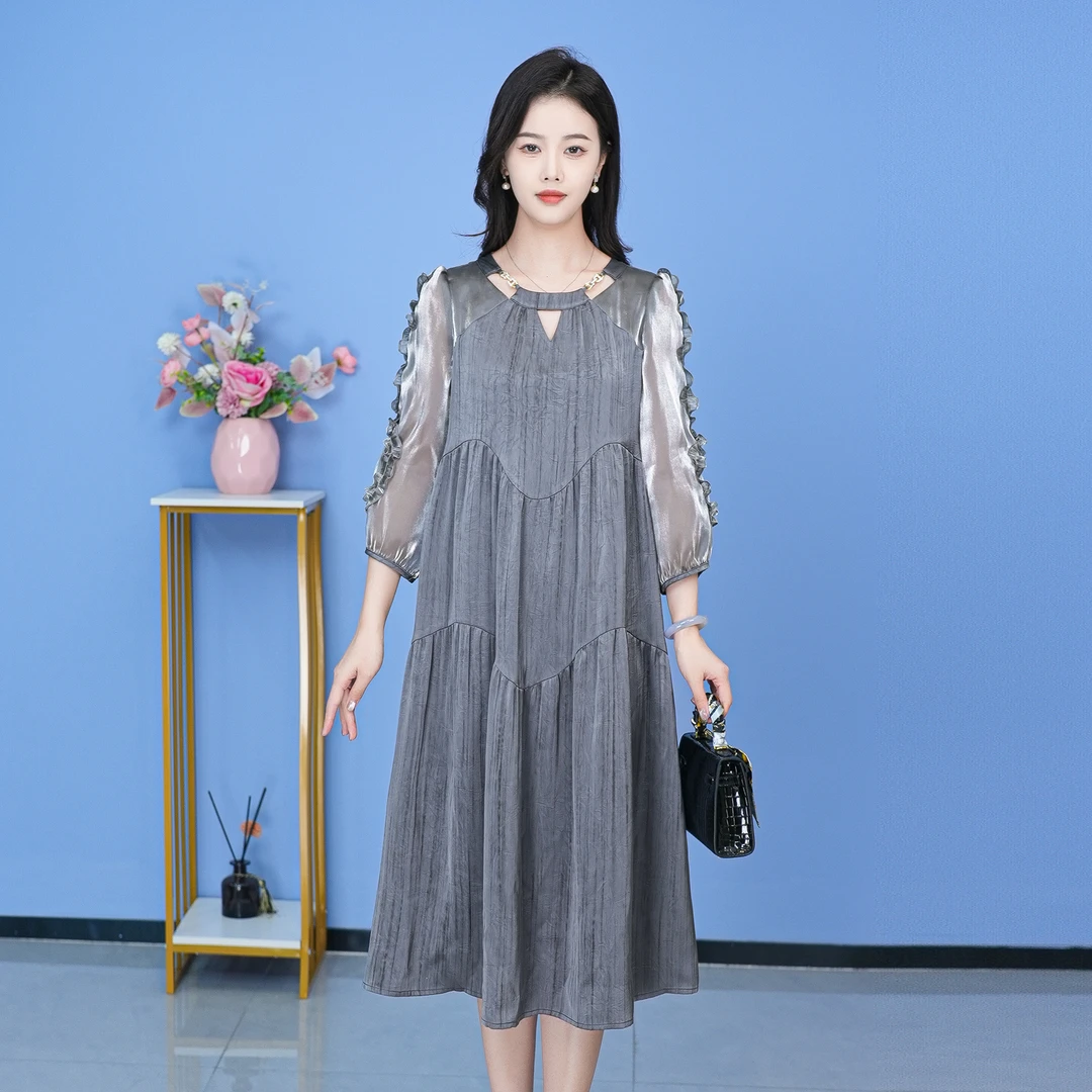 【SJYF1712】秋季新款连衣裙中长款气质中式收腰印花修身女装连衣裙
