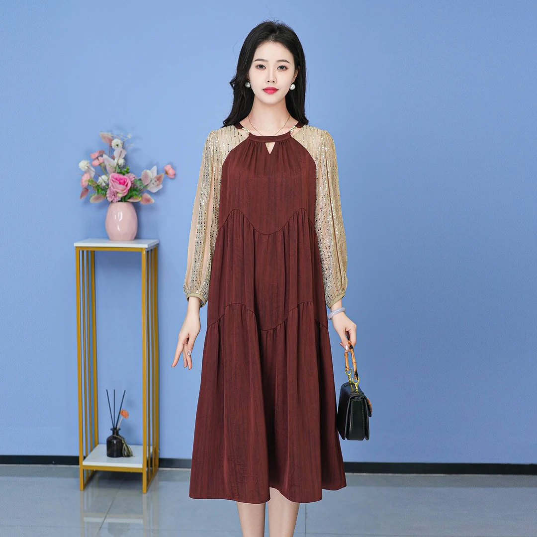 【SJYF1825】秋季新款连衣裙中长款气质中式收腰印花修身女装连衣裙