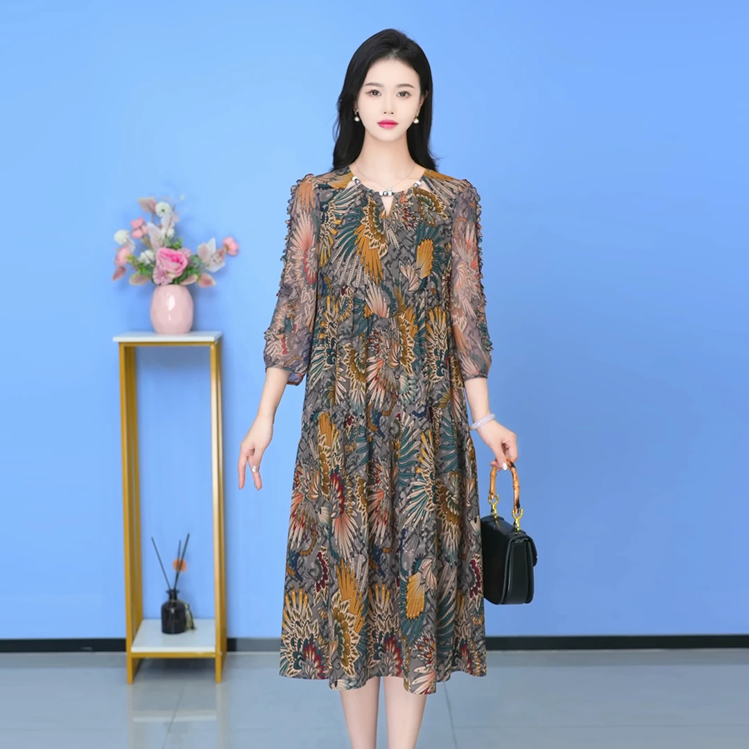 【SJYF1688】春季新款连衣裙中长款气质中式收腰印花修身女装连衣裙