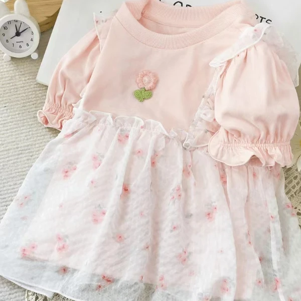 【桃桃宝宝H】2456夏季新款粉色女童短袖轻薄透气蕾丝薄款学生