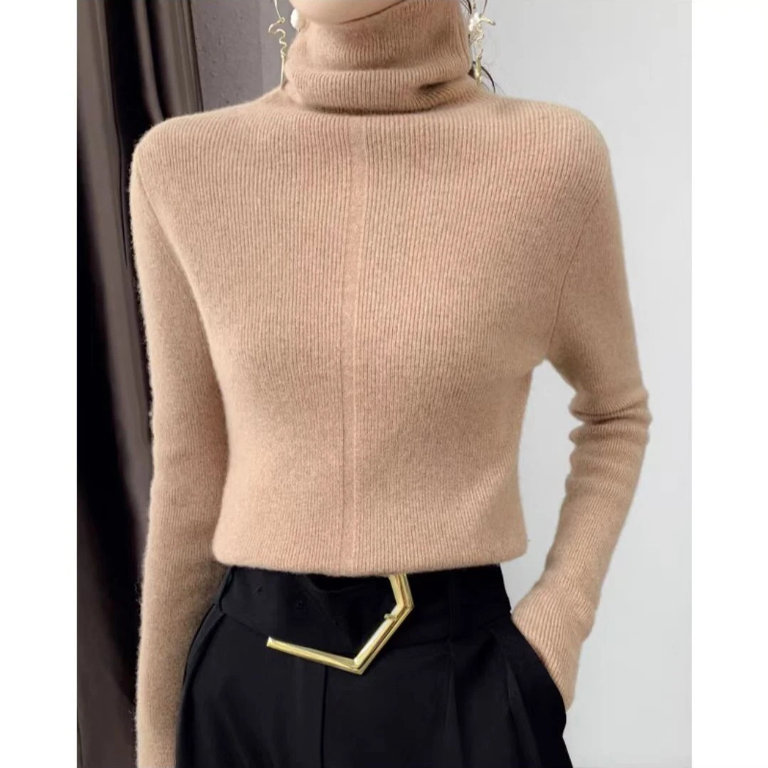 一线成衣堆堆领羊毛衫女100％纯羊毛秋冬修身打底高领毛衣加厚长袖