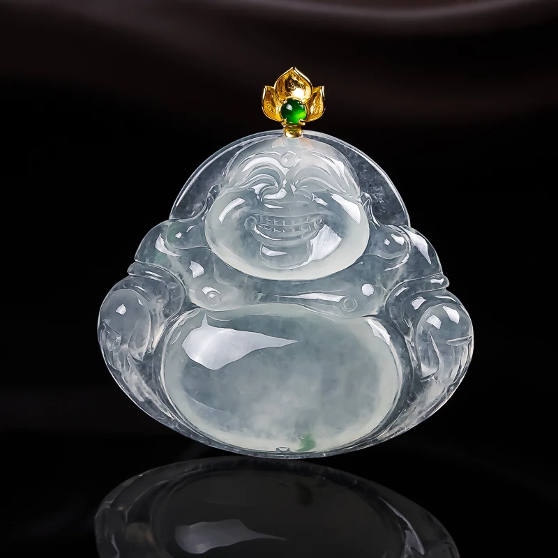 天然缅甸翡翠A货18k金冰飘花佛公 尺寸29-33.5-6.1