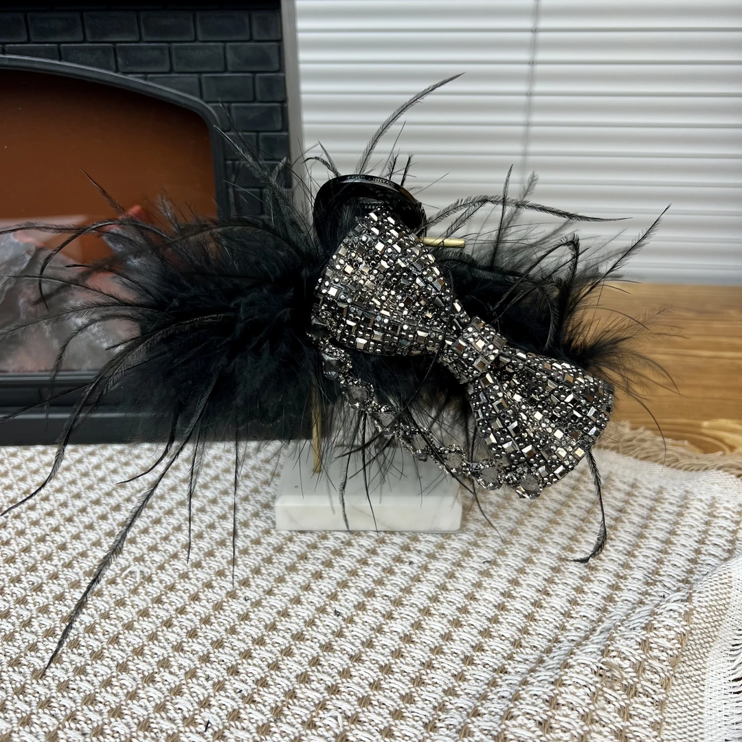 重工新款蝴蝶结羽毛氛围感黑色蝴蝶结抓夹女高级感后脑勺盘鲨鱼夹