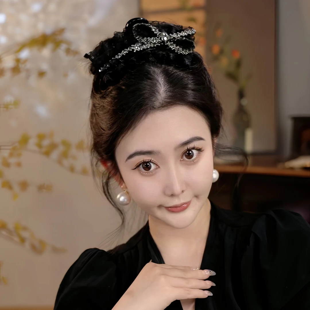 黑色百搭网纱水钻后脑勺鲨鱼夹轻奢气质百搭网红头饰简约发饰发夹
