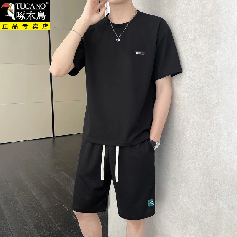 啄木鳥2025夏季款短袖t恤短裤男装搭配帅气休闲运动透气套装男款
