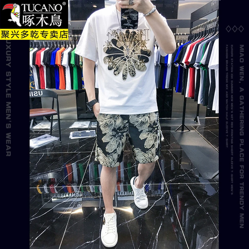 啄木鳥休闲运动套装男夏季两件一套男士短袖t恤短裤简约男装帅气