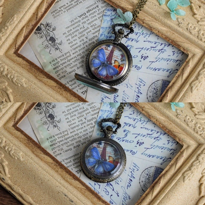 铜合金项链 手工真蝴蝶标本复古翻盖珍贵妩灰蝶蝶翼饰品生日礼物