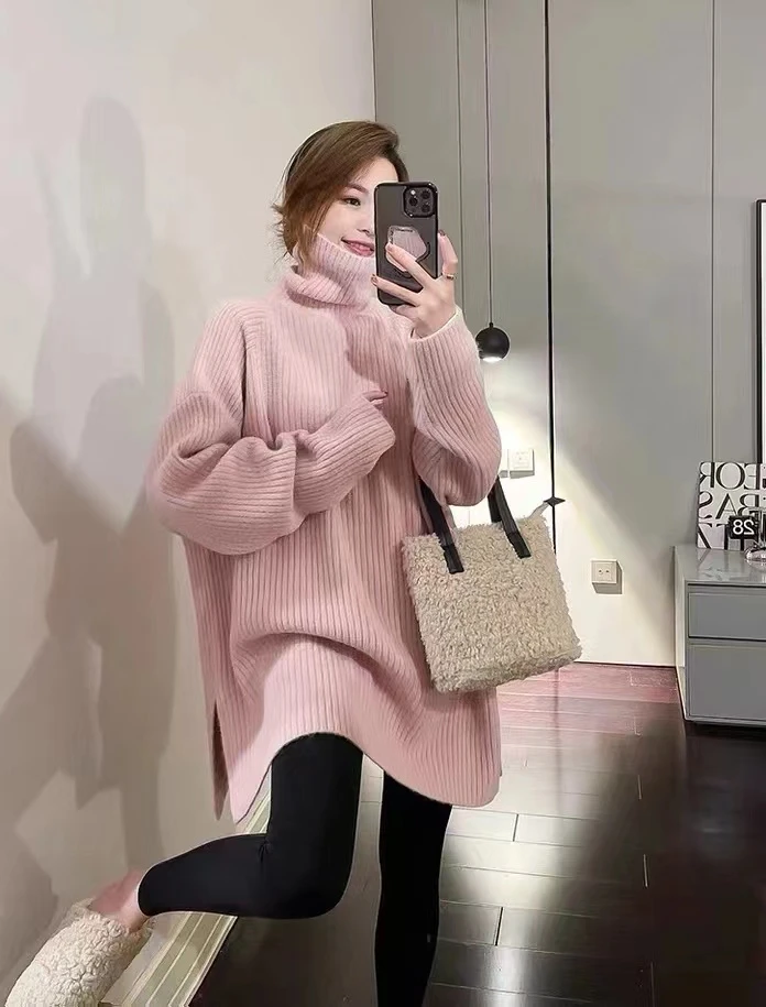 妃兮【2011】宽松纯色慵懒风显瘦针织中长款百搭加厚套头