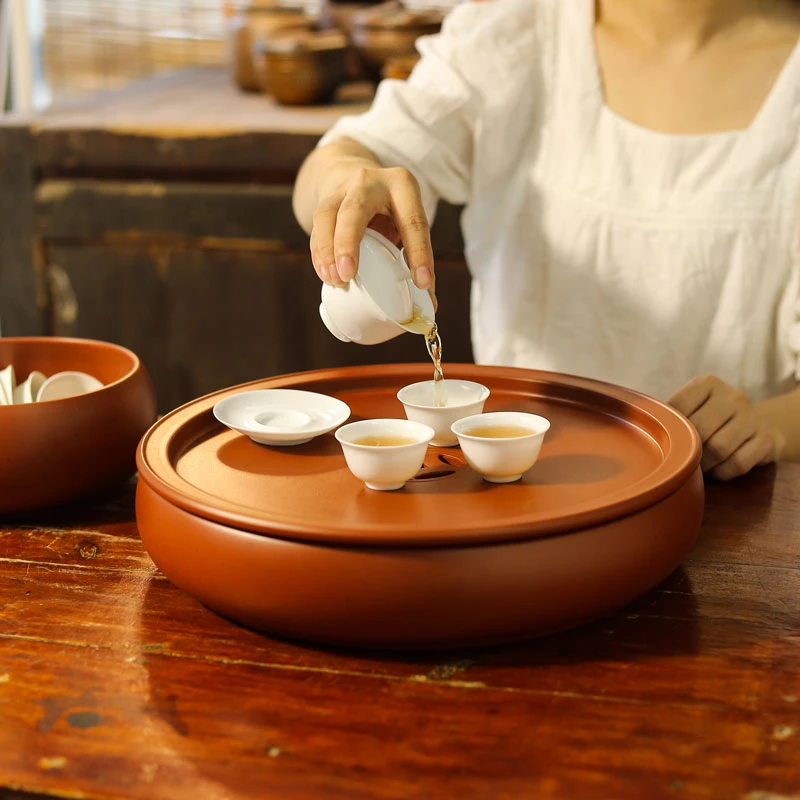 潮州手拉紫砂茶船壶承朱泥功夫茶盘圆形大号10寸家用茶台蓄水茶海