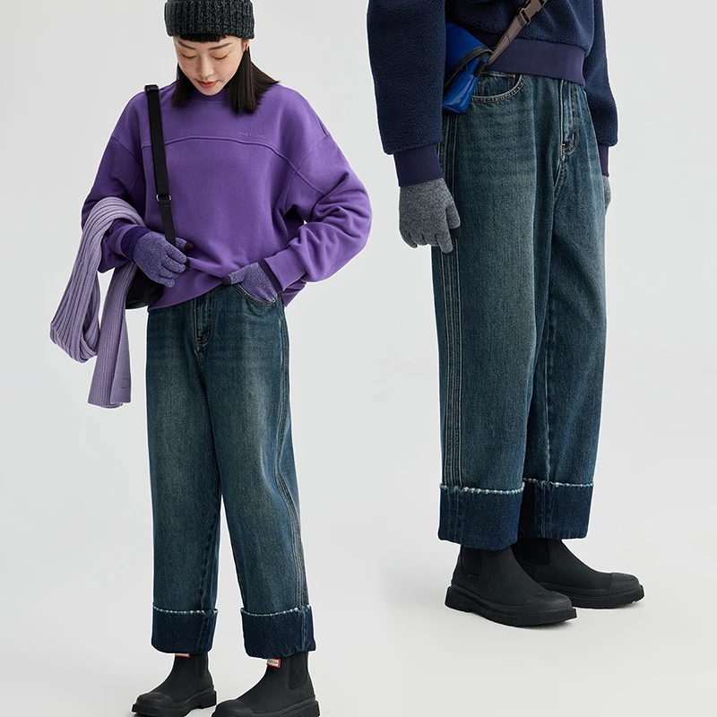 CLOUDSPACE/云上生活「海湾加厚翻边牛仔裤拼接」复古蓝秋季高腰裤