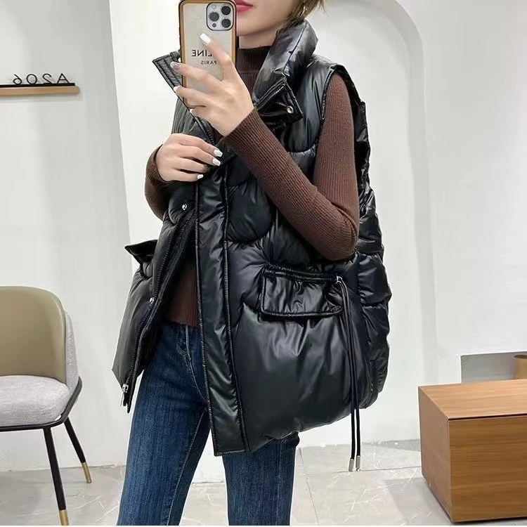 线下299-新款韩版时尚洋气显瘦无袖休闲宽松外穿亮面百搭棉服