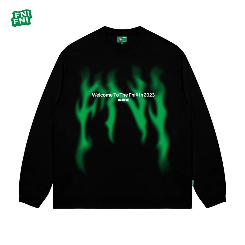 FNI国潮重磅纯棉（闪电基础款）男女同款t恤美式圆领长袖新款胶浆
