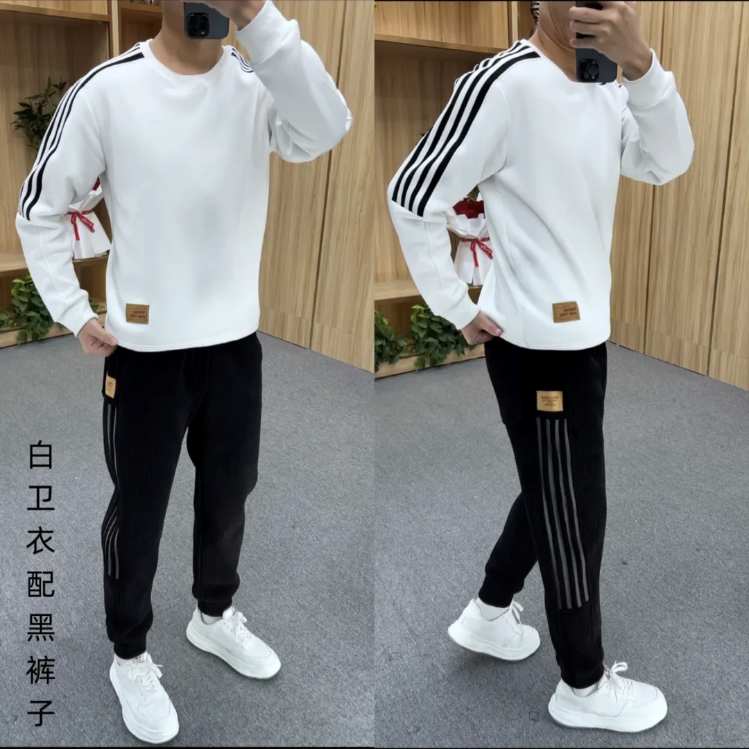 Cardanro/卡丹路冬季卫衣针织裤子加厚条纹男士运动时尚休闲套装
