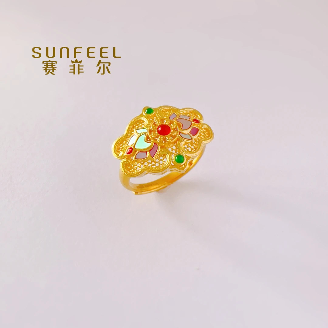 【赛菲尔高奢系列万足】黄金999.9足金螺钿珐琅莲花蝴蝶中秋戒指