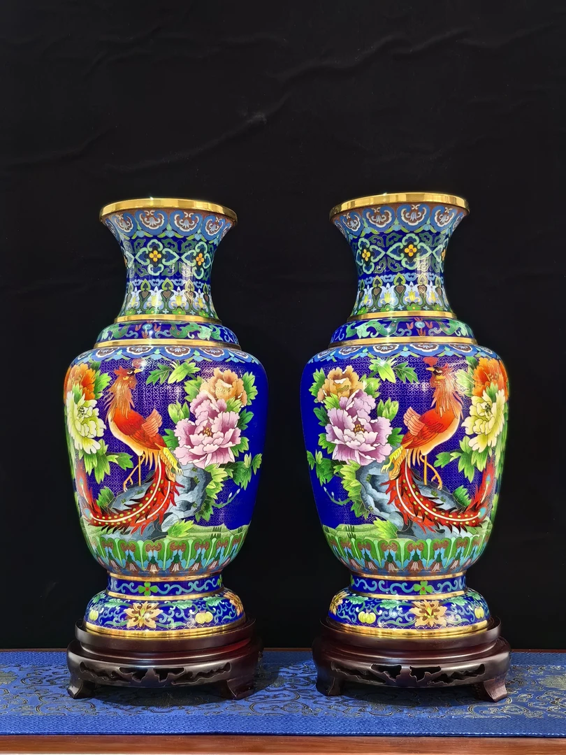 二十寸景泰蓝凤凰牡丹花瓶一对含木座56cm经典六线瓶紫铜镀金