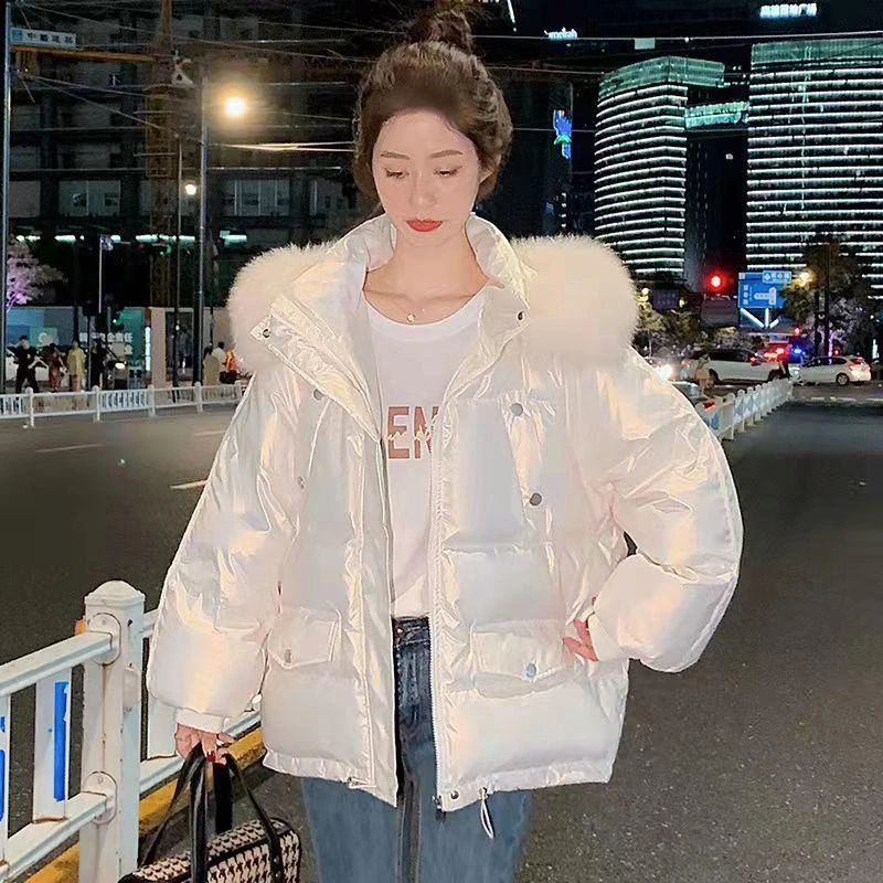 2023新款免洗面料加厚大毛领短款女羽绒羽绒服外套