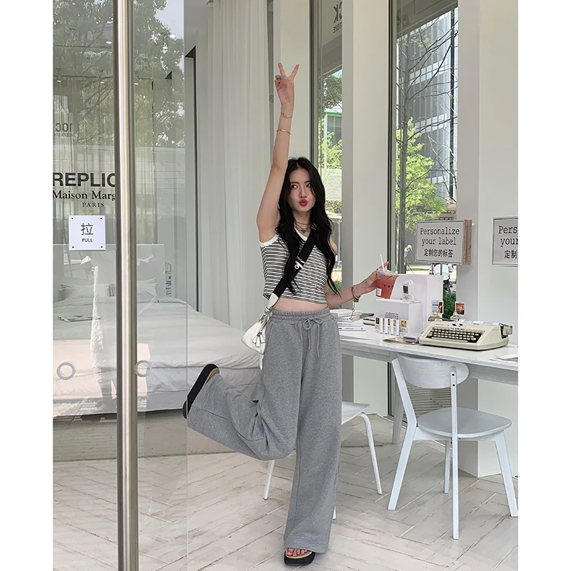 95 TOROON 重磅高克重毛圈面料阔腿运动休闲裤女高腰灰色潮T2522