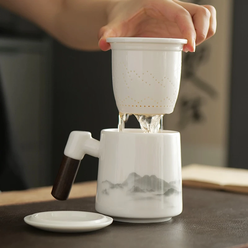 羊脂玉茶杯办公室个人专用泡茶水杯带盖带过滤礼盒装送礼陶瓷茶杯