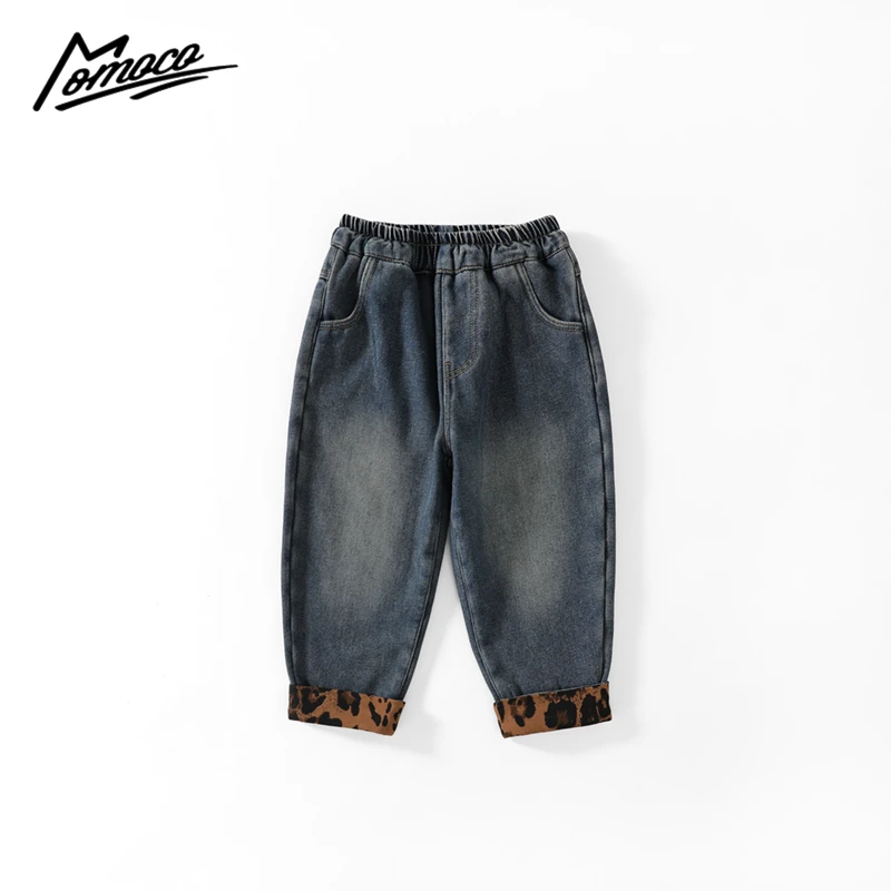 MOMOCO冬季新款男童时尚豹纹口袋加绒复古牛仔裤75930350001