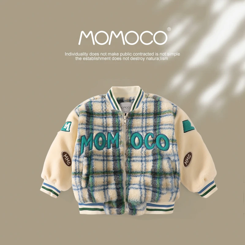 MOMOCO冬季新款男童潮流撞色格子毛毛衣外套75430123035